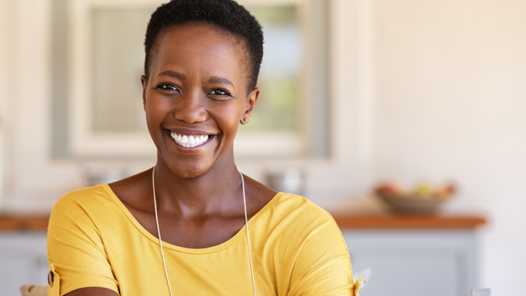 Woman smiling in her living room